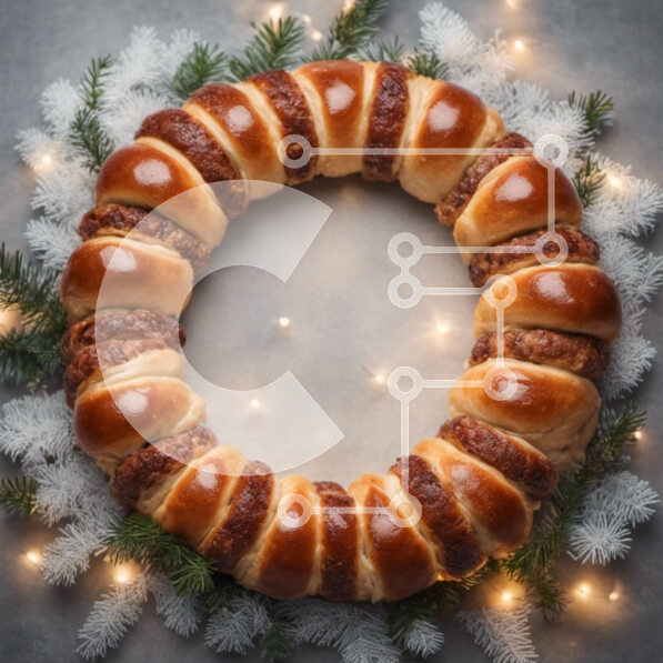 Intra Συλλεκτικό Ξύλινο Παζλ Plywood  4mm - Κυκλικό στεφάνι ψωμιού και λουκάνικου με κλαδιά πεύκου και νιφάδες χιονιού Σε Ξύλινο Κουτί - Διαστάσεις: 10x10 cm – 25 κομμάτια