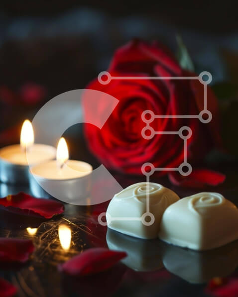 Intra Συλλεκτικό Ξύλινο Παζλ Plywood  4mm - Ρομαντικό κόκκινο τριαντάφυλλο και κεριά με ζαχαρωτά λευκής σοκολάτας Σε Ξύλινο Κουτί - Διαστάσεις Puzzle: 10x10 cm – 25 κομμάτια