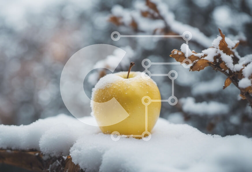 Intra Συλλεκτικό Ξύλινο Παζλ Plywood  4mm - Φρέσκο ​​κίτρινο μήλο καλυμμένο στο χιόνι Σε Ξύλινο Κουτί - Διαστάσεις: 10x10 cm – 25 κομμάτια