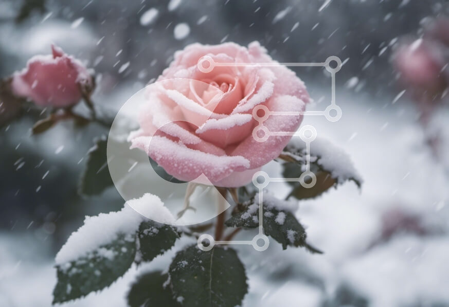 Intra Συλλεκτικό Ξύλινο Παζλ Plywood  4mm - Ροζ τριαντάφυλλο στο χιόνι μια χειμωνιάτικη μέρα Σε Ξύλινο Κουτί - Διαστάσεις: 10x10 cm – 25 κομμάτια