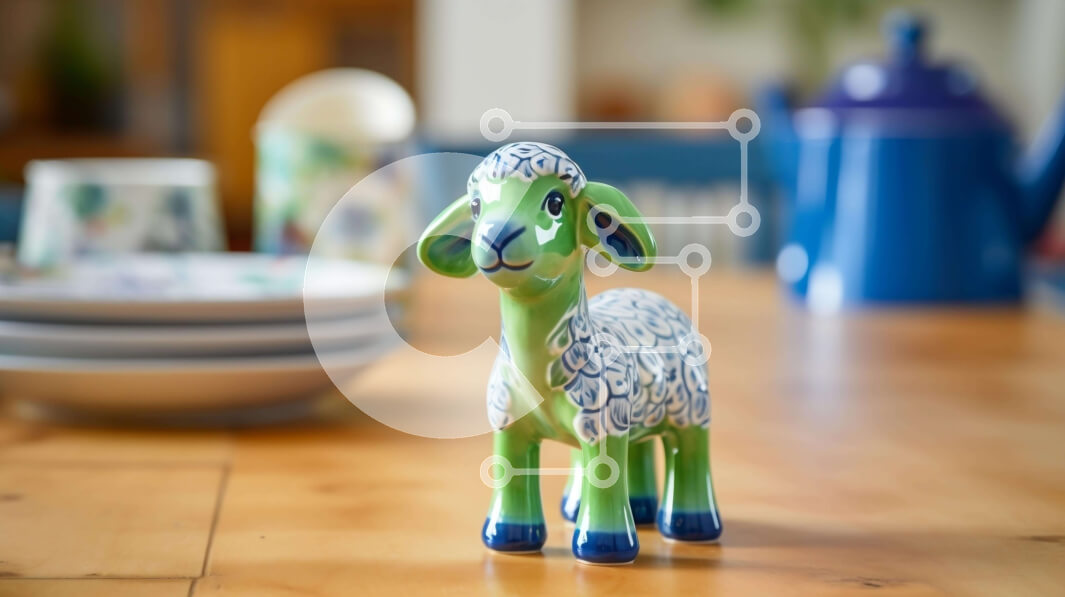 Intra Συλλεκτικό Ξύλινο Παζλ Plywood  4mm - Πράσινο και μπλε κεραμικό ειδώλιο προβάτου σε ξύλινο τραπέζι με επιτραπέζιο σκεύος Σε Ξύλινο Κουτί - Διαστάσεις: 10x10 cm – 25 κομμάτια