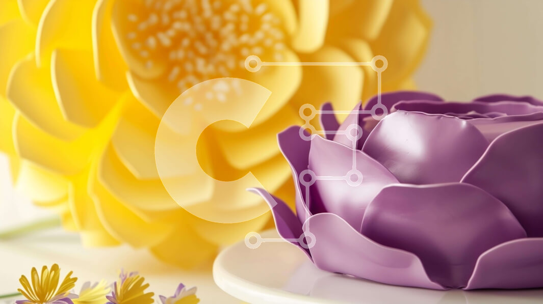 Σετ των 2 Intra Συλλεκτικό Ξύλινο Παζλ Plywood  4mm - Πορφυρό κέικ λουλουδιών σε λευκό πιάτο με κίτρινα λουλούδια Σε Ξύλινο Κουτί - Διαστάσεις: 10x10 cm – 25 κομμάτια