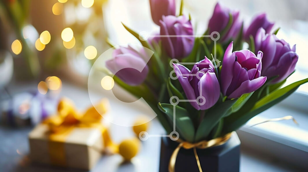 Intra Συλλεκτικό Ξύλινο Παζλ Plywood  4mm - Μωβ τουλίπες σε βάζο δίπλα στο παράθυρο με κουτί δώρου Σε Ξύλινο Κουτί - Διαστάσεις: 10x10 cm – 25 κομμάτια