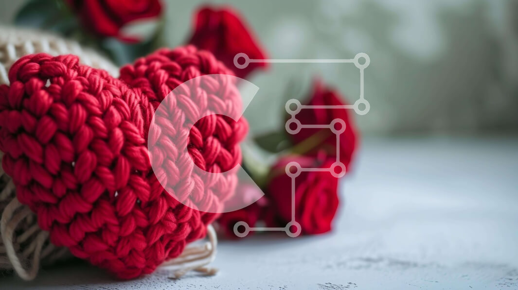 Intra Συλλεκτικό Ξύλινο Παζλ Plywood  4mm - Κόκκινο κροσέ στολίδι σε σχήμα καρδιάς με τριαντάφυλλα Σε Ξύλινο Κουτί - Διαστάσεις Puzzle: 10x10 cm – 25 κομμάτια