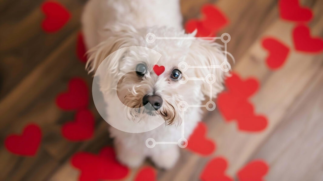 Σετ των 2 Intra Συλλεκτικό Ξύλινο Παζλ Plywood  4mm - Αξιολάτρευτο λευκό σκυλί που περιβάλλεται από κόκκινες καρδιές Σε Ξύλινο Κουτί - Διαστάσεις: 10x10 cm – 25 κομμάτια