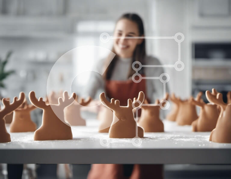 Σετ των 2 Intra Συλλεκτικό Ξύλινο Παζλ Plywood  4mm - Γυναίκα που εργάζεται στην κουζίνα με ειδώλια σοκολάτας ταράνδων Σε Ξύλινο Κουτί - Διαστάσεις: 10x10 cm – 25 κομμάτια