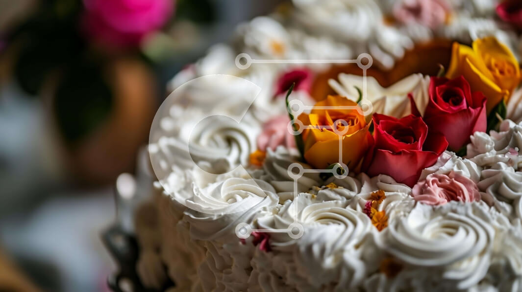 Σετ των 2 Intra Συλλεκτικό Ξύλινο Παζλ Plywood  4mm - Λευκό κέικ με κόκκινα, κίτρινα και πορτοκαλί τριαντάφυλλα Σε Ξύλινο Κουτί - Διαστάσεις: 10x10 cm – 25 κομμάτια