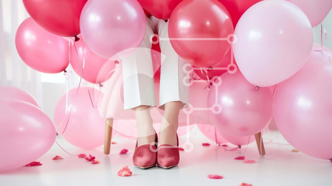 Intra Συλλεκτικό Ξύλινο Παζλ Plywood  4mm - Γυναικεία πόδια που περιβάλλονται από ροζ μπαλόνια για τη γιορτή του Αγίου Βαλεντίνου Σε Ξύλινο Κουτί - Διαστάσεις: 10x10 cm – 25 κομμάτια