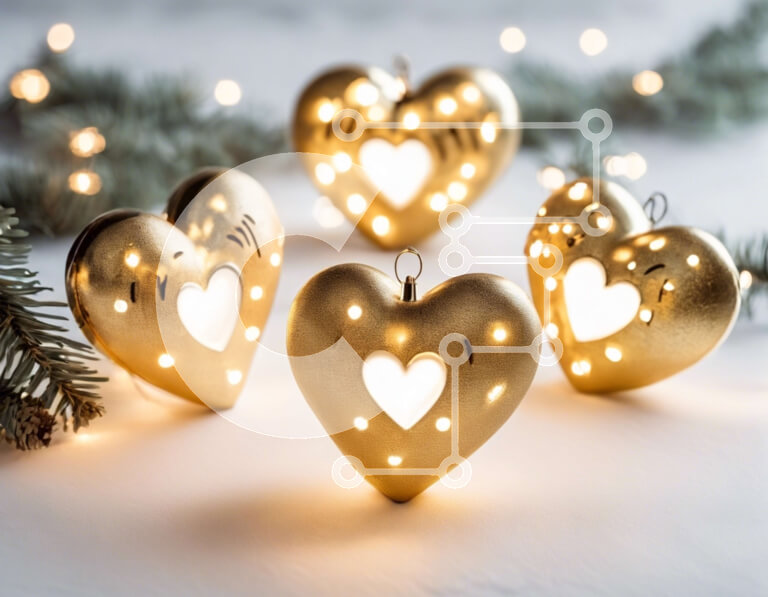 Intra Συλλεκτικό Ξύλινο Παζλ Plywood  4mm - Χρυσά στολίδια σε σχήμα καρδιάς με χριστουγεννιάτικα φωτάκια σε λευκή επιφάνεια Σε Ξύλινο Κουτί - Διαστάσεις: 10x10 cm – 25 κομμάτια