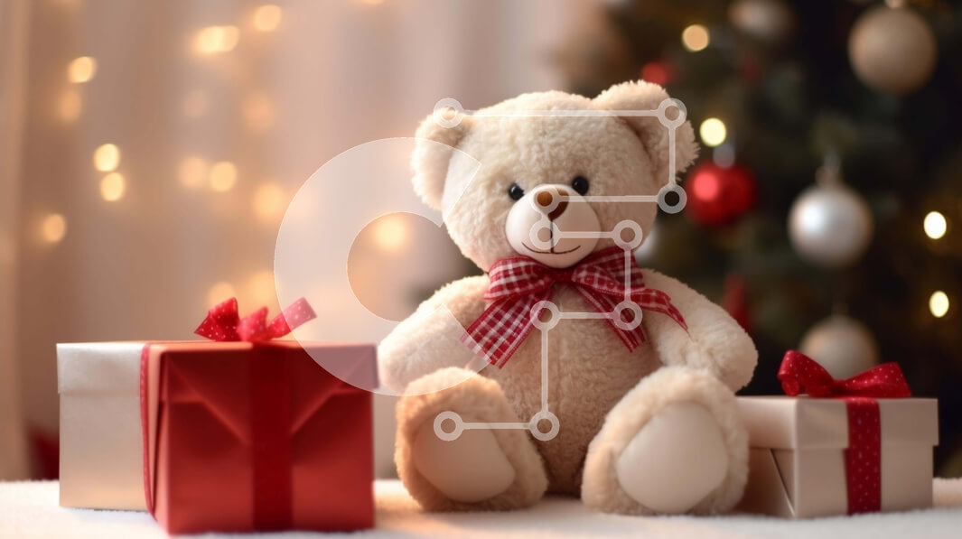 Intra Συλλεκτικό Ξύλινο Παζλ Plywood  4mm - Αρκουδάκι και κουτιά δώρων με φόντο το χριστουγεννιάτικο δέντρο Σε Ξύλινο Κουτί - Διαστάσεις: 10x10 cm – 25 κομμάτια