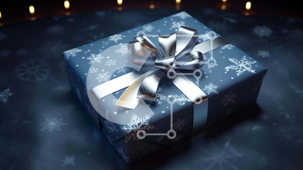 Intra Συλλεκτικό Ξύλινο Παζλ Plywood  4mm - Γιορτινό μπλε κουτί δώρου με ασημί κορδέλα και νιφάδες χιονιού Σε Ξύλινο Κουτί - Διαστάσεις: 10x10 cm – 25 κομμάτια