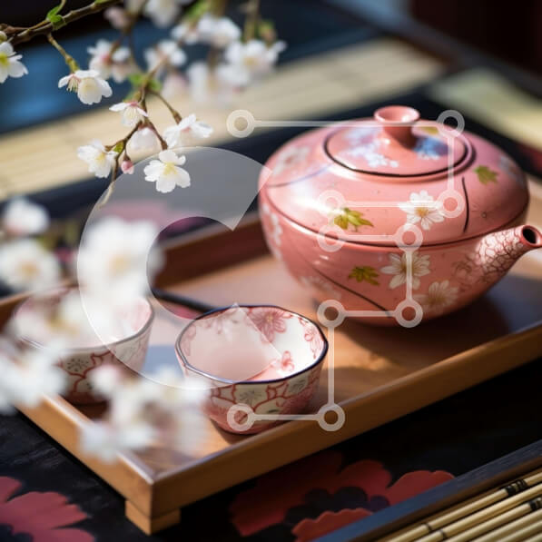 Intra Συλλεκτικό Ξύλινο Παζλ Plywood  4mm - Ροζ τσαγιέρα και φλιτζάνια με δίσκο ασιατικού στιλ και λουλούδια Σε Ξύλινο Κουτί - Διαστάσεις: 10x10 cm – 25 κομμάτια