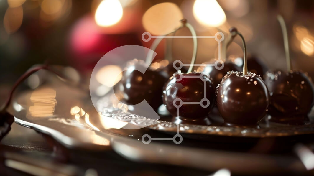 Σετ των 2 Intra Συλλεκτικό Ξύλινο Παζλ Plywood  4mm - Κεράσια καλυμμένα με σοκολάτα σε ασημένιο πιάτο με κεριά Σε Ξύλινο Κουτί - Διαστάσεις: 10x10 cm – 25 κομμάτια