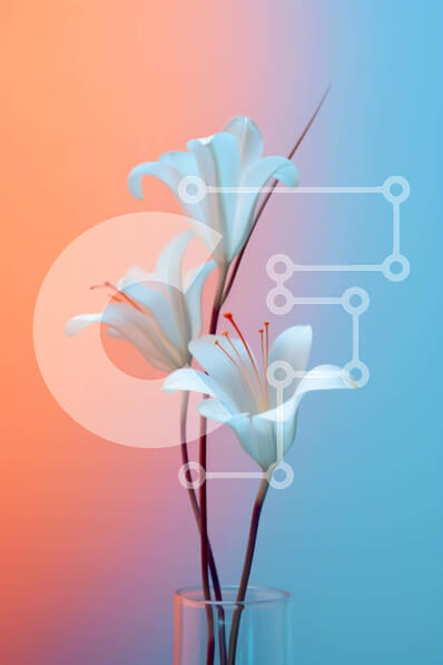 Σετ των 2 Intra Συλλεκτικό Ξύλινο Παζλ Plywood  4mm - Τρία λευκά κρίνα σε ένα διαυγές βάζο σε μπλε και πορτοκαλί φόντο Σε Ξύλινο Κουτί - Διαστάσεις: 10x10 cm – 25 κομμάτια