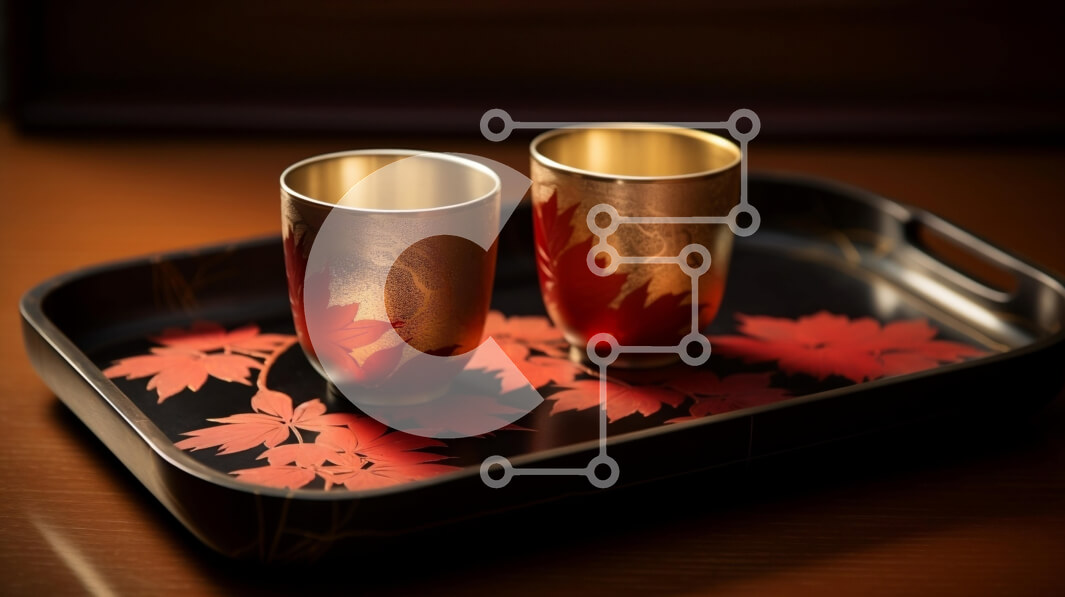 Intra Συλλεκτικό Ξύλινο Παζλ Plywood  4mm - Χρυσά κύπελλα σε δίσκο με κόκκινα φύλλα σε ξύλινο τραπέζι Σε Ξύλινο Κουτί - Διαστάσεις: 10x10 cm – 25 κομμάτια