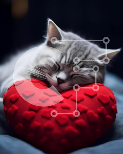 Σετ των 2 Intra Συλλεκτικό Ξύλινο Παζλ Plywood  4mm - Γκρίζα γάτα που κοιμάται σε κόκκινο μαξιλάρι σε σχήμα καρδιάς Σε Ξύλινο Κουτί - Διαστάσεις: 10x10 cm – 25 κομμάτια