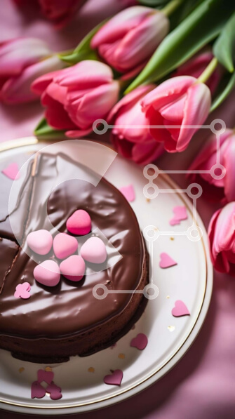 Intra Συλλεκτικό Ξύλινο Παζλ Plywood  4mm - Τούρτα σοκολάτας του Αγίου Βαλεντίνου με ροζ τουλίπες και τριαντάφυλλα Σε Ξύλινο Κουτί - Διαστάσεις: 10x10 cm – 25 κομμάτια