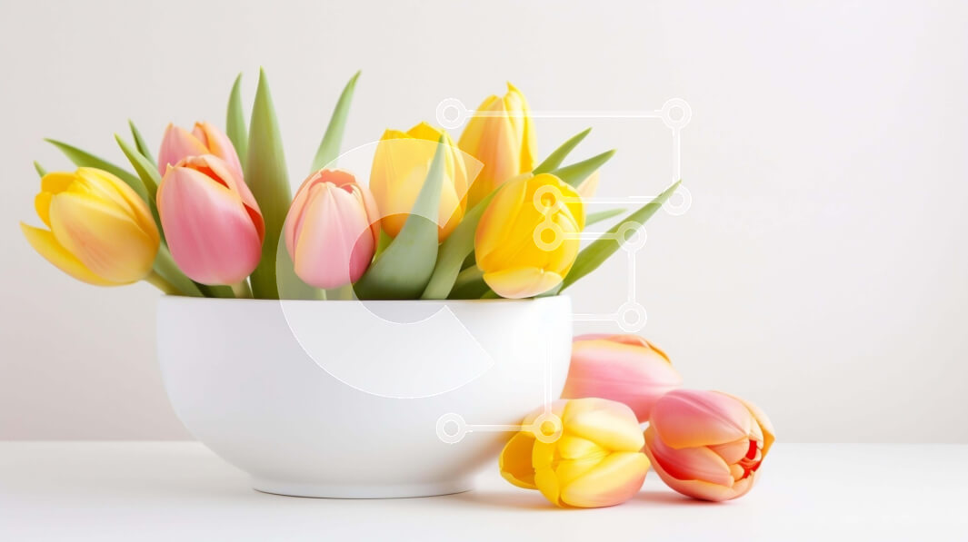 Intra Συλλεκτικό Ξύλινο Παζλ Plywood  4mm - Ροζ και κίτρινες τουλίπες σε λευκό μπολ Σε Ξύλινο Κουτί - Διαστάσεις: 10x10 cm – 25 κομμάτια