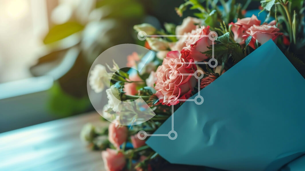 Intra Συλλεκτικό Ξύλινο Παζλ Plywood  4mm - Μπουκέτο με ροζ και λευκά λουλούδια σε μπλε χαρτί Σε Ξύλινο Κουτί - Διαστάσεις: 10x10 cm – 25 κομμάτια