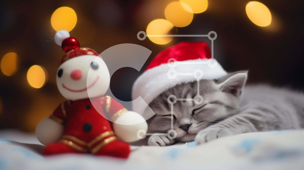 Σετ των 2 Intra Συλλεκτικό Ξύλινο Παζλ Plywood  4mm - Χαριτωμένο γκρι γατάκι κοιμάται σε μια κούκλα-παιχνίδι με ένα καπέλο Άγιου Βασίλη Σε Ξύλινο Κουτί - Διαστάσεις: 10x10 cm – 25 κομμάτια