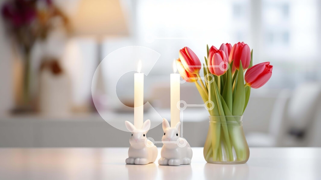 Intra Συλλεκτικό Ξύλινο Παζλ Plywood  4mm - Λευκά ειδώλια λαγουδάκι σε ροζ βάζο τουλίπας με κεριά Σε Ξύλινο Κουτί - Διαστάσεις Puzzle: 10x10 cm – 25 κομμάτια