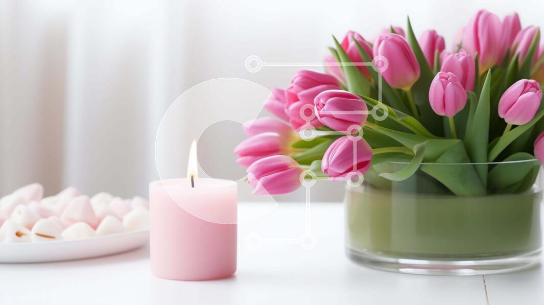 Σετ των 2 Intra Συλλεκτικό Ξύλινο Παζλ Plywood  4mm - Ροζ τουλίπες σε γυάλινο βάζο με λευκά marshmallows και κερί Σε Ξύλινο Κουτί - Διαστάσεις: 10x10 cm – 25 κομμάτια