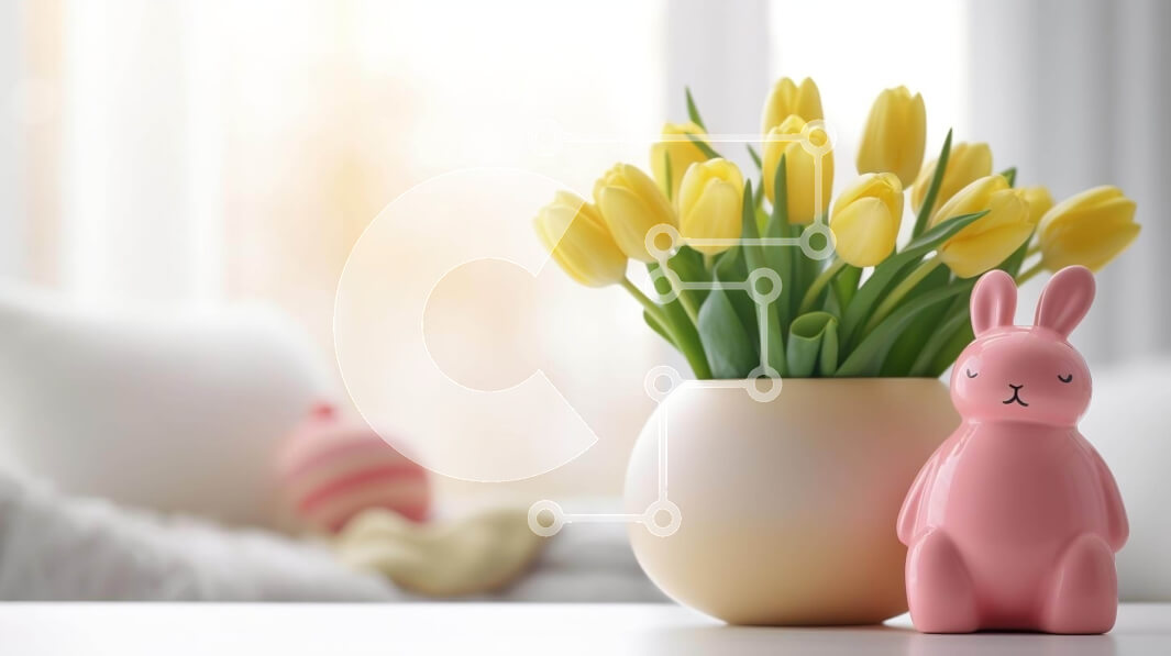 Intra Συλλεκτικό Ξύλινο Παζλ Plywood  4mm - Ροζ λαγουδάκι με κίτρινες τουλίπες και πασχαλινή διακόσμηση Σε Ξύλινο Κουτί - Διαστάσεις Puzzle: 10x10 cm – 25 κομμάτια