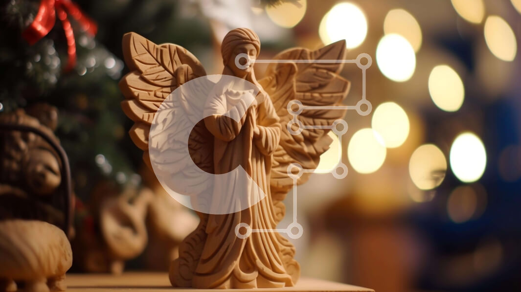 Intra Συλλεκτικό Ξύλινο Παζλ Plywood  4mm - Ξύλινο άγαλμα αγγέλου μπροστά από το χριστουγεννιάτικο δέντρο με στολίδια Σε Ξύλινο Κουτί - Διαστάσεις: 10x10 cm – 25 κομμάτια