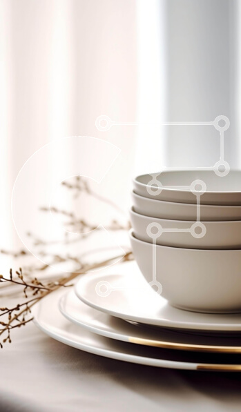 Intra Συλλεκτικό Ξύλινο Παζλ Plywood  4mm - Στοιβαγμένα λευκά πιάτα και σκεύη με φυτική διακόσμηση στο τραπέζι Σε Ξύλινο Κουτί - Διαστάσεις: 10x10 cm – 25 κομμάτια