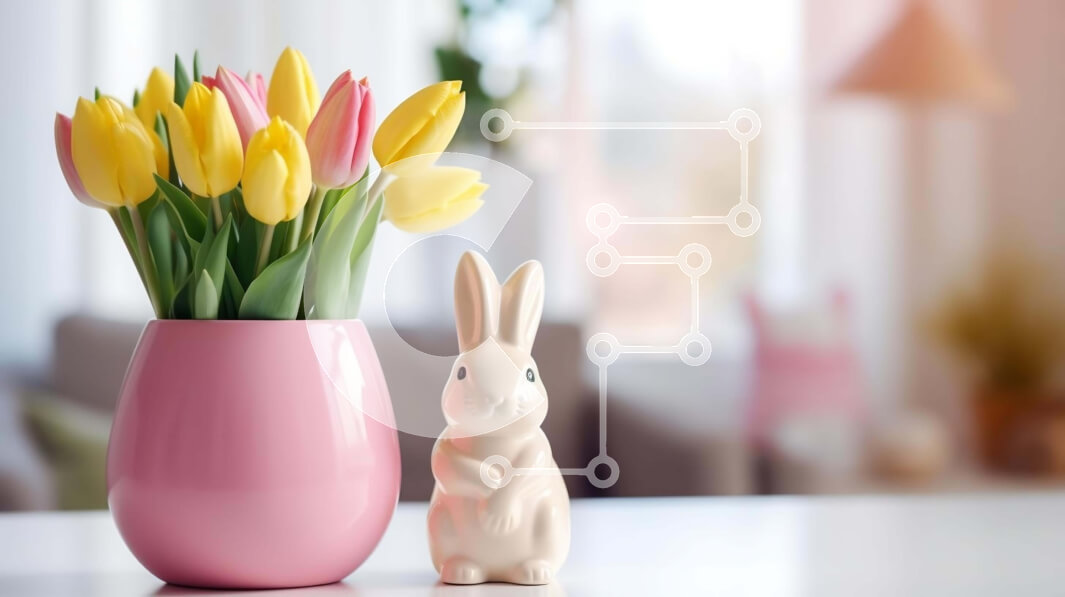 Intra Συλλεκτικό Ξύλινο Παζλ Plywood  4mm - Ανοιξιάτικη επιτραπέζια διακόσμηση με ροζ βάζο, τουλίπες και πασχαλινό λαγουδάκι Σε Ξύλινο Κουτί - Διαστάσεις Puzzle: 10x10 cm – 25 κομμάτια