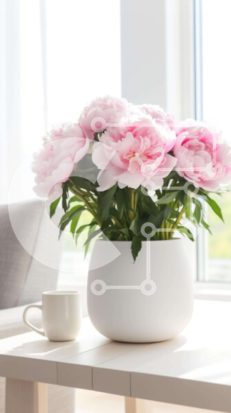 Intra Συλλεκτικό Ξύλινο Παζλ Plywood  4mm - Λευκό Τραπεζάκι σαλονιού με ροζ λουλούδια και φλιτζάνι σε φωτεινό δωμάτιο Σε Ξύλινο Κουτί - Διαστάσεις Puzzle: 10x10 cm – 25 κομμάτια