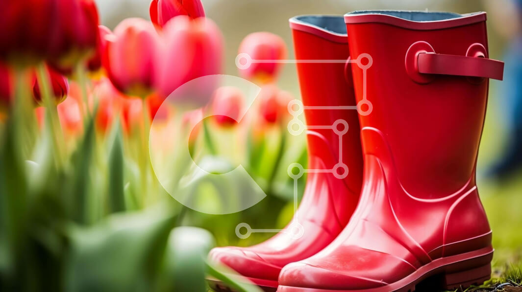 Intra Συλλεκτικό Ξύλινο Παζλ Plywood  4mm - Κόκκινες μπότες βροχής και τουλίπες στο γρασίδι Σε Ξύλινο Κουτί - Διαστάσεις: 10x10 cm – 25 κομμάτια