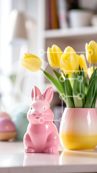 Intra Συλλεκτικό Ξύλινο Παζλ Plywood  4mm - Πασχαλινό ειδώλιο λαγουδάκι και βάζα τουλίπας στο τραπέζι Σε Ξύλινο Κουτί - Διαστάσεις Puzzle: 10x10 cm – 25 κομμάτια