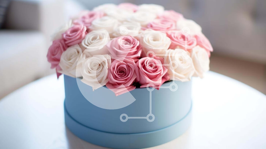 Intra Συλλεκτικό Ξύλινο Παζλ Plywood  4mm - Μπλε κουτί με ροζ και λευκά τριαντάφυλλα Σε Ξύλινο Κουτί - Διαστάσεις Puzzle: 10x10 cm – 25 κομμάτια