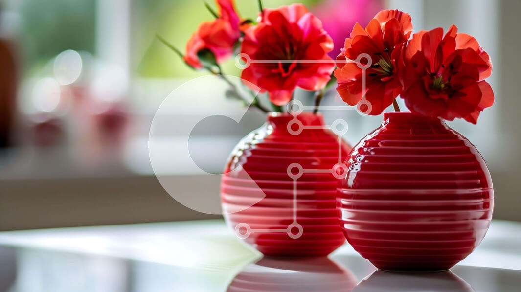 Intra Συλλεκτικό Ξύλινο Παζλ Plywood  4mm - Κόκκινα βάζα με λουλούδια σε λευκό τραπέζι Σε Ξύλινο Κουτί - Διαστάσεις Puzzle: 10x10 cm – 25 κομμάτια