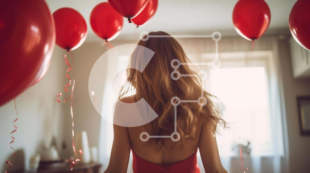 Intra Συλλεκτικό Ξύλινο Παζλ Plywood  4mm - Γυναίκα με κόκκινα μπαλόνια σε ένα διακοσμημένο δωμάτιο Σε Ξύλινο Κουτί - Διαστάσεις Puzzle: 10x10 cm – 25 κομμάτια