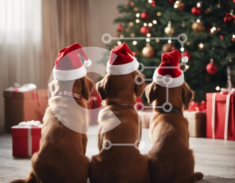 Σετ των 2 Intra Συλλεκτικό Ξύλινο Παζλ Plywood  4mm - Τρία σκυλιά με καπέλα Άγιου Βασίλη με χριστουγεννιάτικο δέντρο Σε Ξύλινο Κουτί - Διαστάσεις: 10x10 cm – 25 κομμάτια