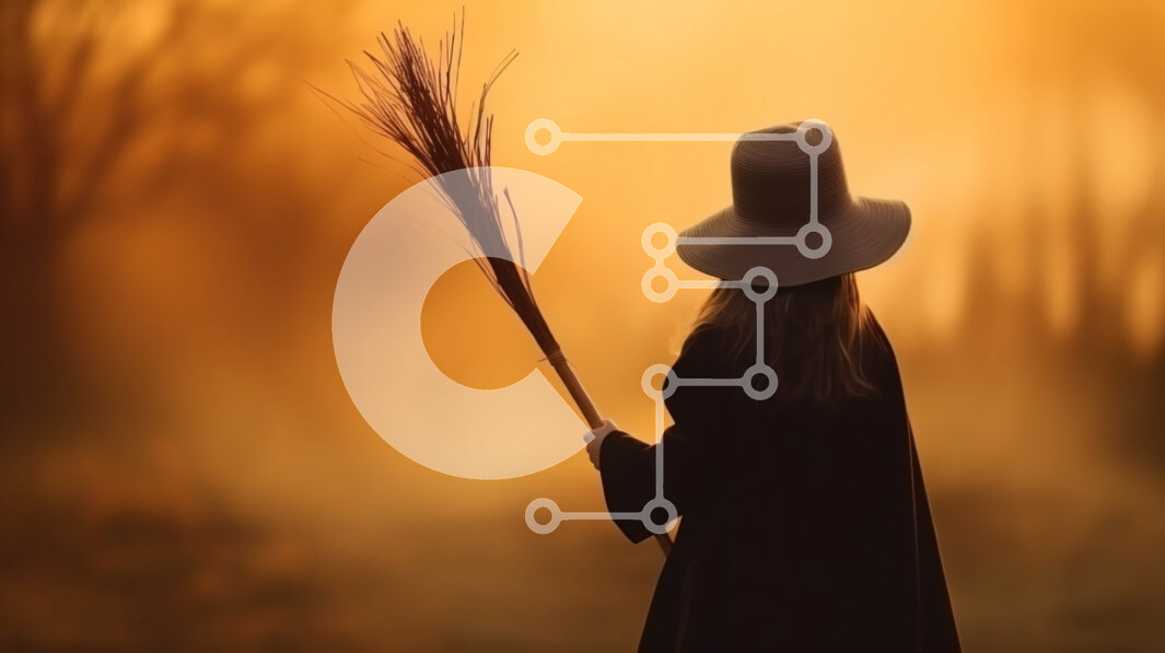 Intra Συλλεκτικό Ξύλινο Παζλ Plywood  4mm - Γυναίκα με σκούρα ρούχα με σκούπα στο δάσος στο ηλιοβασίλεμα Σε Ξύλινο Κουτί - Διαστάσεις: 10x10 cm – 25 κομμάτια