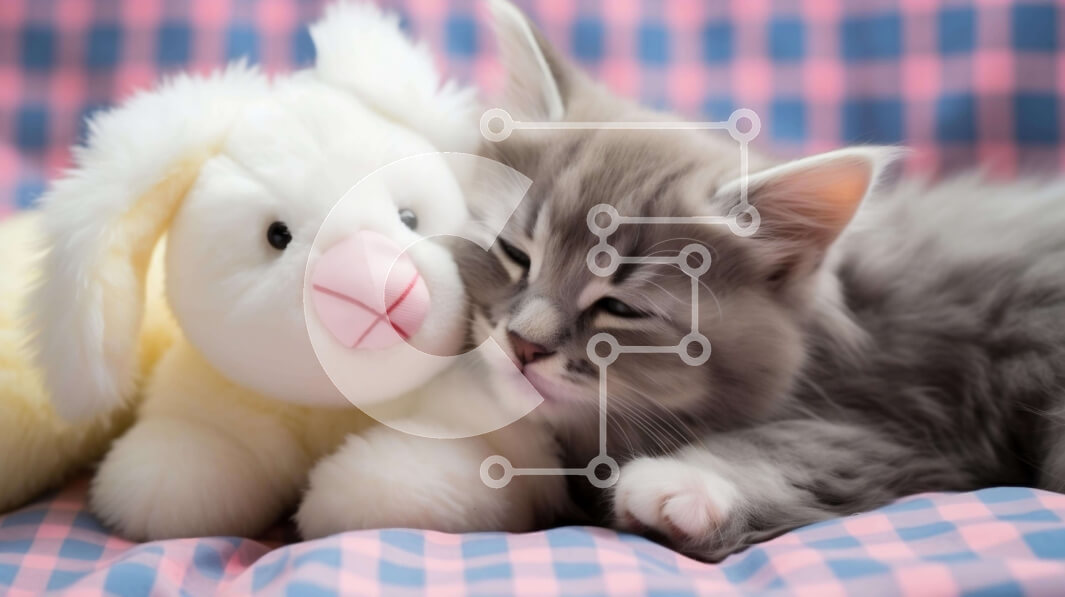 Σετ των 2 Intra Συλλεκτικό Ξύλινο Παζλ Plywood  4mm - Γκρι και άσπρο γατάκι που αγκαλιάζει το γεμιστό κουνέλι λαγουδάκι Σε Ξύλινο Κουτί - Διαστάσεις: 10x10 cm – 25 κομμάτια