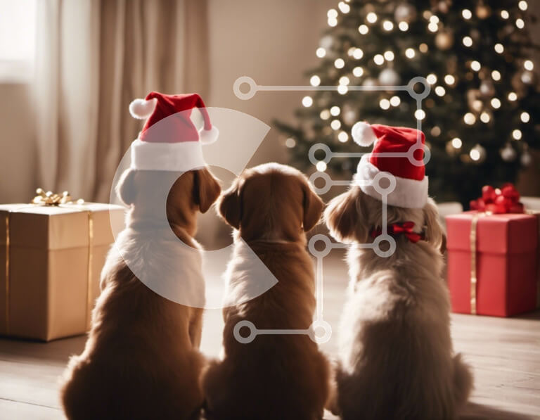 Σετ των 2 Intra Συλλεκτικό Ξύλινο Παζλ Plywood  4mm - Τρία σκυλιά με καπέλα Άγιου Βασίλη που κάθονται μπροστά από ένα στολισμένο χριστουγεννιάτικο δέντρο Σε Ξύλινο Κουτί - Διαστάσεις: 10x10 cm – 25 κομμάτια