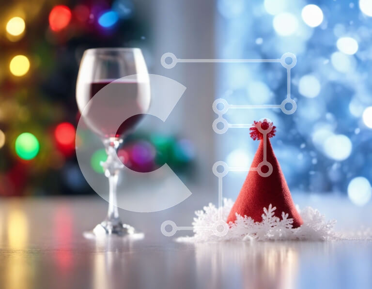 Intra Συλλεκτικό Ξύλινο Παζλ Plywood  4mm - Κόκκινο κρασί και χριστουγεννιάτικο καπέλο σε εορταστικό τραπέζι Σε Ξύλινο Κουτί - Διαστάσεις: 10x10 cm – 25 κομμάτια