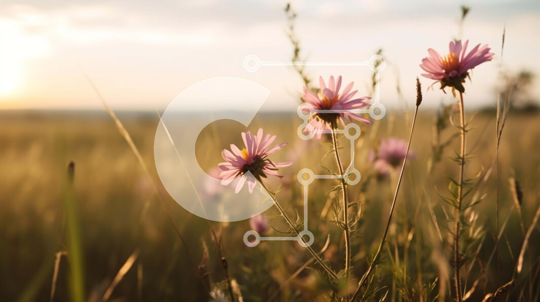 Intra Συλλεκτικό Ξύλινο Παζλ Plywood  4mm - Ηλιοβασίλεμα ανθισμένα ροζ λουλούδια στο χορτάρι Σε Ξύλινο Κουτί - Διαστάσεις: 10x10 cm – 25 κομμάτια