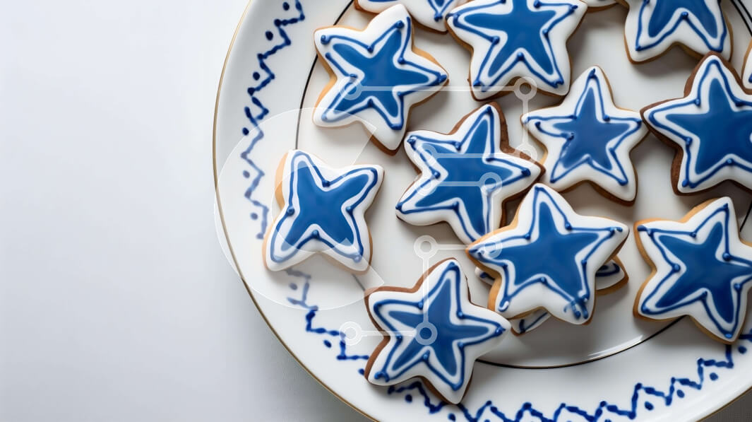 Σετ των 2 Intra Συλλεκτικό Ξύλινο Παζλ Plywood  4mm - Μπισκότα μπλε και λευκά σε σχήμα αστεριού σε διακοσμητικό πιάτο Σε Ξύλινο Κουτί - Διαστάσεις: 10x10 cm – 25 κομμάτια