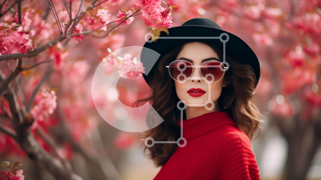 Intra Συλλεκτικό Ξύλινο Παζλ Plywood  4mm - Κομψή γυναίκα με κόκκινα ρούχα και γυαλιά ηλίου που στέκεται μπροστά από ροζ ανθισμένα δέντρα Σε Ξύλινο Κουτί - Διαστάσεις Puzzle: 10x10 cm – 25 κομμάτια