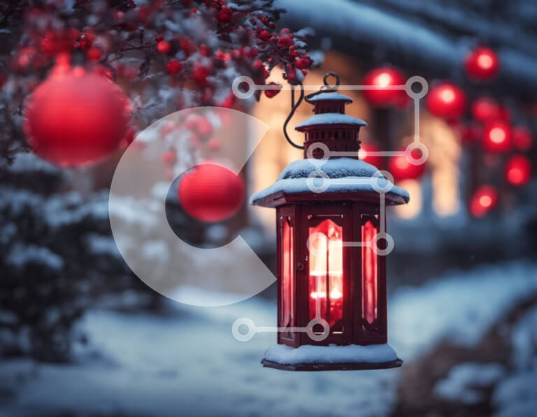 Intra Συλλεκτικό Ξύλινο Παζλ Plywood  4mm - Κόκκινο φανάρι στο χιόνι με χριστουγεννιάτικες μπάλες και στολίδια Σε Ξύλινο Κουτί - Διαστάσεις: 10x10 cm – 25 κομμάτια