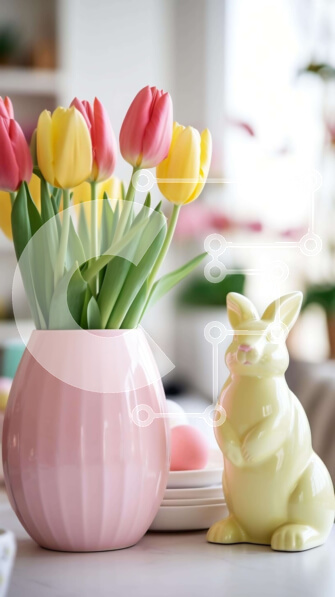 Intra Συλλεκτικό Ξύλινο Παζλ Plywood  4mm - Ροζ βάζο με τουλίπες και πασχαλινό λαγουδάκι τραπεζιού Σε Ξύλινο Κουτί - Διαστάσεις: 10x10 cm – 25 κομμάτια