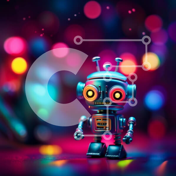 Intra Συλλεκτικό Ξύλινο Παζλ Plywood  4mm - Φουτουριστικό ρομπότ παιχνιδιών με λαμπερά κόκκινα μάτια σε πολύχρωμο ανοιχτό φόντο Σε Ξύλινο Κουτί - Διαστάσεις Puzzle: 10x10 cm – 25 κομμάτια