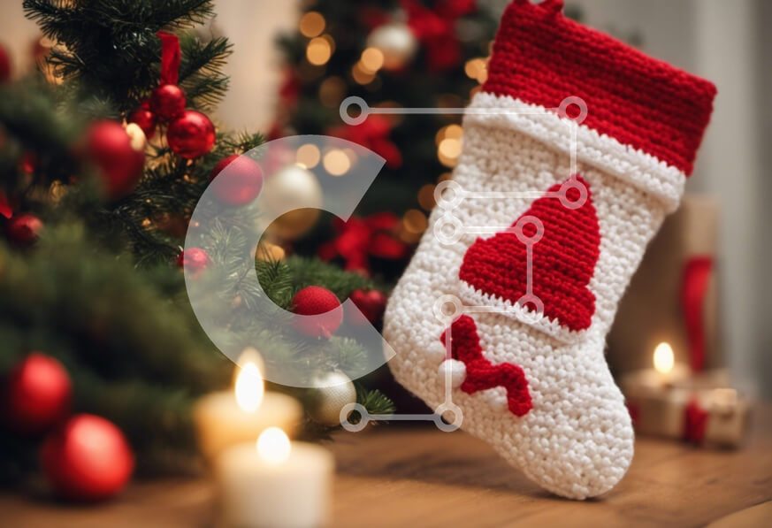 Intra Συλλεκτικό Ξύλινο Παζλ Plywood  4mm - Πλεκτή χριστουγεννιάτικη κάλτσα με τον Άγιο Βασίλη σε διακοσμημένο χριστουγεννιάτικο δέντρο Σε Ξύλινο Κουτί - Διαστάσεις: 10x10 cm – 25 κομμάτια