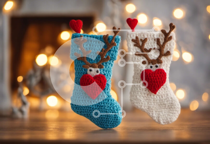 Intra Συλλεκτικό Ξύλινο Παζλ Plywood  4mm - Πλεκτές κάλτσες ταράνδου με θέμα τις διακοπές σε ξύλινο τραπέζι Σε Ξύλινο Κουτί - Διαστάσεις: 10x10 cm – 25 κομμάτια