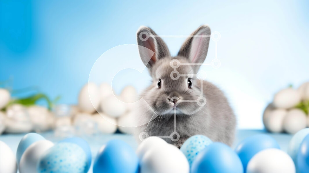 Intra Συλλεκτικό Ξύλινο Παζλ Plywood  4mm - Περίεργο λαγουδάκι που περιβάλλεται από μπλε και άσπρα αυγά Σε Ξύλινο Κουτί - Διαστάσεις: 10x10 cm – 25 κομμάτια